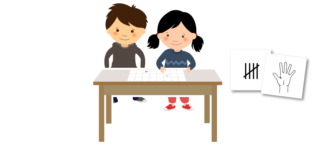Illustration zweier Kinder, die an einem Tisch sitzen auf dem Karten verteilt sind. Rechts daneben sind 2 Karten vergrößert dargestellt: Eine Karte mit der 5 als Strichliste, eine Karte mit einer Hand die 5 Finger ausstreckt.